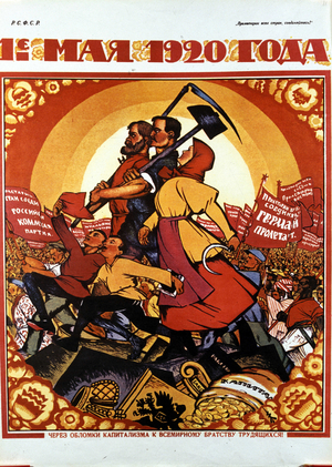 Poster commemorating the Russian revolution, published in Moscow in 1920. (Author: N. Cocerghin) translation: ""May 1, 1920! On the ruins of capitalism let us march towards the brotherhood of workers of the whole world"".
