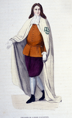 Knight of the Order of Alcantara, religious and military order founded in 1156 under the name of the Order of San Julian del Pereiro, in imitation of the Templars, to fight the Moors. 19th century engraving, private coll., Milan.