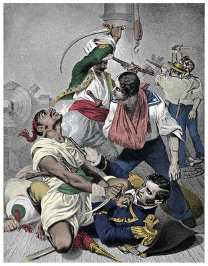 Commodore Stephen Decatur (1779-1820), during a melee combat, aboard his ship, stormed by Pirates of Prickly, in the Mediterranean Sea, off Algeria Illustration from “Decatur's Conflict with the Algerine at Tripoli”” by Alonzo Chappel (1828-1887) 1877