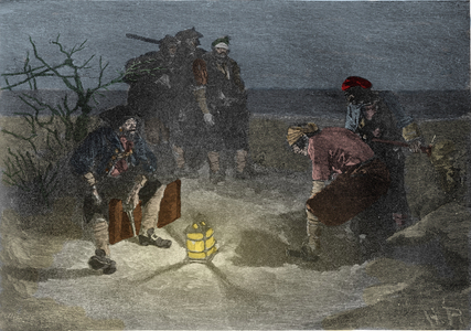 The pirate Edward Teach called Barbenoire (Blackbeard or Blackbeard, 1680-1718), English pirate, buries the tresor - Book of pirates Buccaneers and Marooners of the Spanish Main”” by Howard Pyle (1853 - 1911), American illustrator - 1887