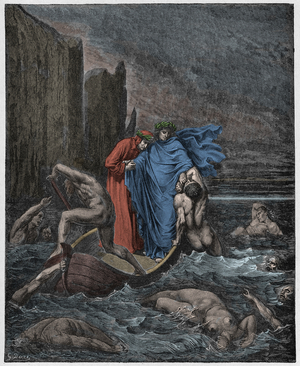 Inferno, Canto 8 : The soul of the Florentine Philippo Argenti (Filippo Argenti) accosts the poets on the Styx, illustration from 'The Divine Comedy' by Dante Alighieri, 1885  (digitally coloured engraving)