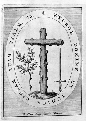 Emblem of the Spanish Inquisition: cross, olive branch and sword. 17th century