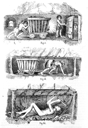 Exploitation of child labour in English coal mines, 1846:1 - it traps e pullers 2 - little girl pulling a coal cart. 3 - little boy extracting coal.