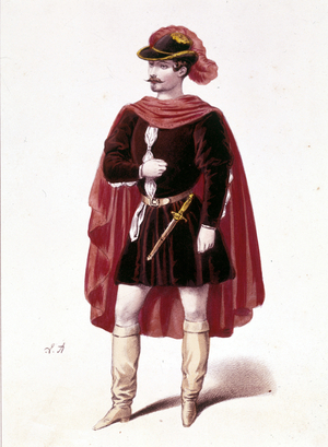 Portrait of the French tenor Louis Gueymard (1822 - 1880) in the role of Henri in the first act of “I vespri siciliani” (The Sicilian vepres) by Giuseppe Verdi, 1855.