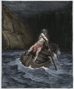 Inferno, Canto 3 : Charon (Caron) on the River Acheron, illustration from 'The Divine Comedy' by Dante Alighieri, 1885  (digitally coloured engraving)