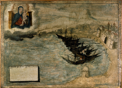 Boats could fail on the shore. Ex voto of the 17th century of the Church of the Madonna dell'Arco of Naples.