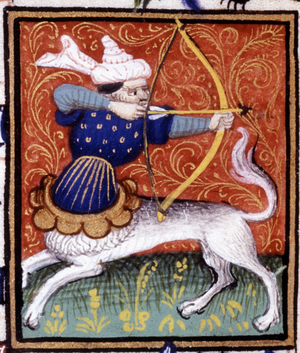 The Sagittarius. Miniature of a horoscope. 15th century manuscript. Bibl. Trivulziana, Milan.