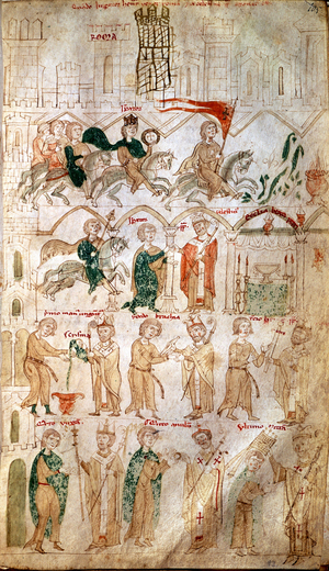 The entry of Henry VI of the Holy Empire (1165-1197) to Rome and his coronation as Emperor on 14/04/1191 by Pope Celestin III Page taken from “” Liber ad honorem Augusti””” by Pietro da Eboli (Peter of Eboli) - (codex 120, fol 105) 13th century Burgerbibliothek Bern