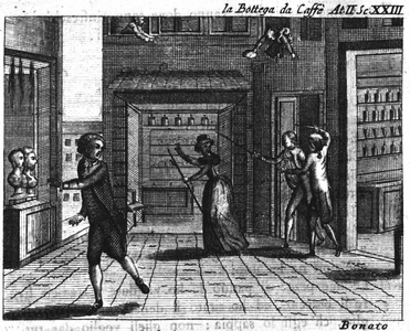 Scene 23 of Act II of the comic piece “” La bottega del caffe”” (The cafe) (1750) by Carlo Goldoni (1707-1793): tables of games. Engraving of the 18th century