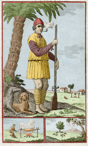 French buccane from Santo Domingo (Haiti). 17th century (colorized ngraving)