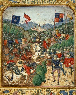 The Battle of Agincourt in 1415, illustration from 'Grandes Chronicles de France' by Jean Fouquet, c.1467-76 (vellum)