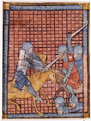 Battle of knights. French manuscript. Early 14th century.
