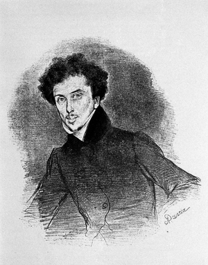 Portrait of the French writer Alexandre Dumas father (1802 - 1870) circa 1832. Lithograph of Deveria.