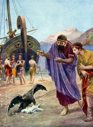 Illustration by F. Fabbri for Homer's Odyssee. Italian edition of 1939.Episode of hymn XV relating the arrival of Telemachus in Ithaca.