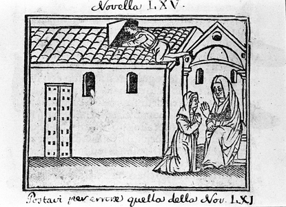 A jealous husband disclaims himself as a priest to collect the confession of his adulterous wife. Illustration for the news 65 (New 5 of the seventh day) of the “Decameron”” by Giovanni Boccaccio dit Jean Boccaccio (1313-1375), Italian writer. Engraving in “” Decamerone ouer Cento nouelle”” Venice, Bartolomeo de 'Zanni, July 5, 1504.