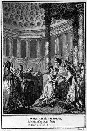 Marriage to the Church. “The hymen comes from its knots to reward their fires and their trust.” French engraving of the 18th century.
