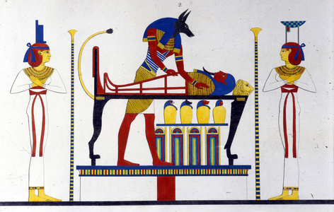 Anubis and a mummy - in “” Monuments of Egypt and Upper Nubia”” by Ippolito Rosellini (Rossellini).