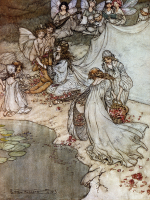 Elves making rose necklaces. Illustration by Arthur RACKHAM (1867-1939) for The Dream of a Summer Night by William SHAKESPEARE, 1908 (A Midsummer Night's Dream)