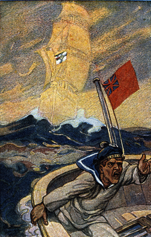 Illustration of German propaganda from the magazine Jugend during the 1st World War. An English sailor is terrorised by the appearance of a ghost ship flying the flag of the Reich.