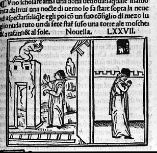 A lover takes revenge for waiting for the woman loves a night in the snow, 1504 (engraving)