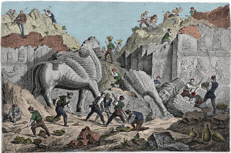 Excavations undertaken by Paul-Emile (Paul Emile) Botta, Consul of France in Nineveh at the site of Khorsabad (Khunsabad), former Assyrian capital north of Mosul. Iraq. Engraving of the 19th century.