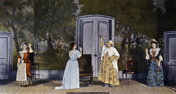 Scene of a representation of “” the imaginary ill”” by Jean Baptiste Poquelin dit Moliere (1622-1673) around 1880 at the French Comedie: from left to right: Mademoiselle Kald, Madame Worms-Baretta, Poppy younger, M. Fayolle