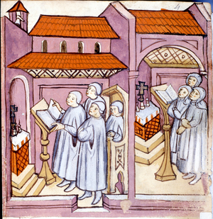Life of monks and nuns in a monastery. Miniature taken from “Historia ordinis humiliatorum”” of the 15th century. It is a manuscript about the Brothers of the Order of Humilies and their company of production, weaving and trading in wool.