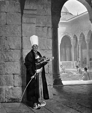 Portrait of an eunuch keeper of harem. Deep down the slaves play naked in the pool. Engraving after painting. 19th century.