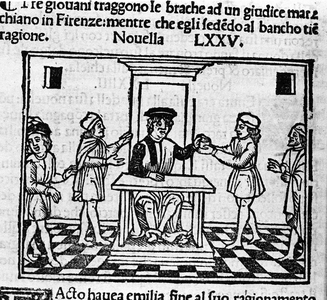 Judgement scene in Florence. Illustration for the news 75 (New 5 of the eighth day) of the “Decameron”” by Giovanni Boccaccio dit Jean Boccaccio (1313-1375), Italian writer. Engraving in “” Decamerone ouer Cento nouelle”” Venice, Bartolomeo de 'Zanni, July 5, 1504.