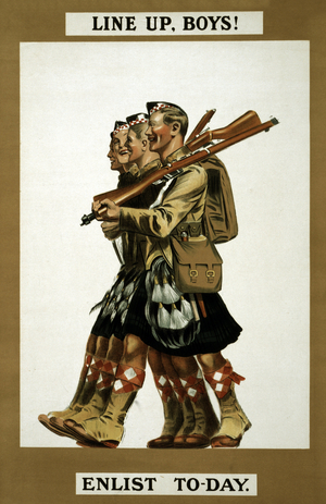 Poster for the recruitment of British soldiers during World War I representing Scottish Army soldiers in kilt. “In line, young men”, 1914-1918.
