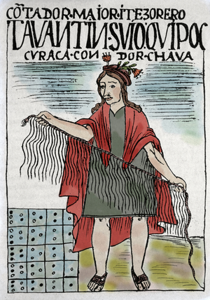 Quipu (Quipo Quipou) Inca accounting system in rope and knots, Inca culture 1400-1532 AD, manuscript by Felipe Guaman Puma de Ayala (Nueva Coronica y buen Gobierno), Indian columnist of the 16th century.