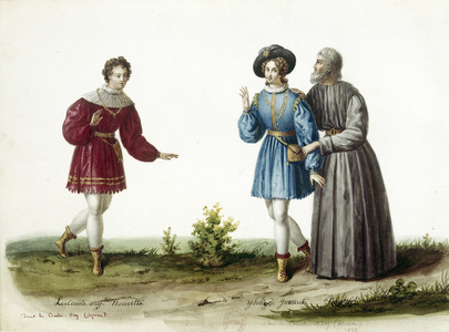 Opera singer Adolphe Nourrit (left) in the role of Count d'Ory in the opera “The Comte d'Ory”” by Gioacchino Rossini (1792-1868), representing in Paris on 20/08/1828