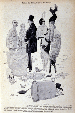 Paris: waste accumulates in the street in front of elegantly dressed people. Illustration of the French press by H. Tournier, 1920 - 1930.