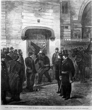 The firefighters knocked the entrance door of the Dominican convent on Rue Jean de Beauvais in Paris in 1880. Engraving of the 19th century.