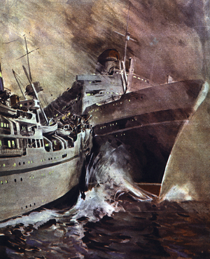 Collision of the Italian liner Andrea Doria, with the Swedish ship 'Stockholm', 40 miles off the coast of New England in July 1956. Illustration from 1956.