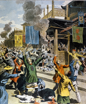 China. Boxer War. Hostility to Europeans in the streets of Pekin, 1900.