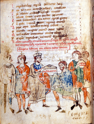 Court of Mathilde of Canossa (or Countess Mathilde of Tuscany) (1046 - 1115) in “” Vita Mathildis””” by Donizone, manuscript from the 13th century. Lucca, Bibl, Governativa.