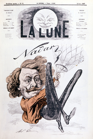 Caricature of Nadar (1820 - 1910) aeronaut. Cover of ""The Moon"" dated 2/06/1867.