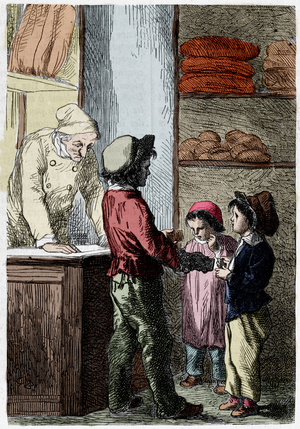Gavroche gives bread to children - in “” Les Miserables”” by Victor Hugo, ill. by Brion, ed. Hetzel and Lacroix, 1866