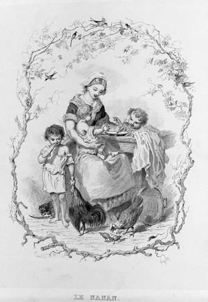 The nanan: a young mother gives food to her three children in “La Physiologie du Gout”” by Brillat - Savarin illustrated by Bertal. Paris 1840. Jean Anthelme Brillat Savarin (Brillat-Savarin) (1755-1826) French gastronome.