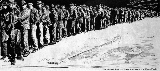 The Bread Tail: emigrants to New York queuing to buy bread. Illustration by V. Labella. (?) 1896 DR.