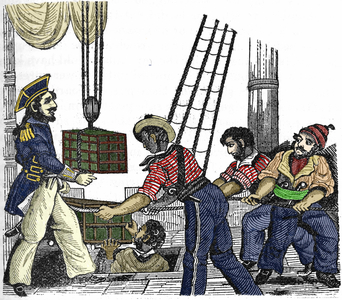 The pirate “” Long Ben”” John Avery (did in 1643) loaded three crates of treasor (gold and stones) on his ship. Engraving of “” The pirate own book”” 1837.