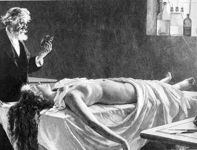 The corpse of a young woman in a morgue in the United States in 1880. Engraving from the end of the 19th century.