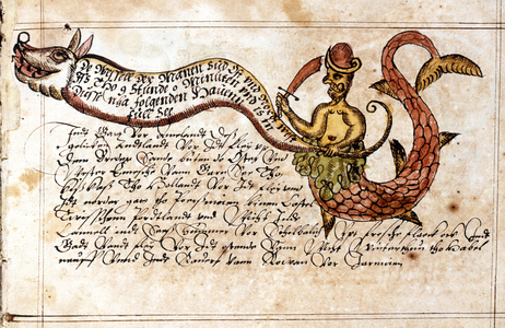 A triton, legendary animal half man and fish, weapon of a cimetererre. Detail of a Dutch manuscript portulan by Lucas Janszoon Waghenaer (1533-1605) 1592.