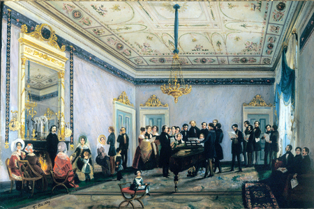 Concert in the house of Branca (Salon, or meeting of the personalities of the music world in Milan), 1839 (colour litho)