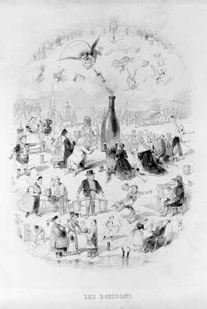 Drinks: a crowd in adoration in front of a bottle of wine and the different types of drinks in Brillat - Savarin illustrated by Bertall. Paris 1840.Jean Anthelme Brillat Savarin (Brillat-Savarin) (1755-1826) French gastronome.