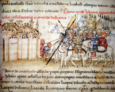 Giovanni Acuto in Florence in 1375, illustration from 'Croniche del Sercambi', c.1400 (vellum)