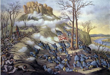American Secession War or Civil War (1861 - 1865): 23/11/1863, Battle of Lookout Mountain in Tennessee, an assault known today as the battle over the clouds because of the fog that allowed federal troops to advance faster. Engraving of the 19th century.