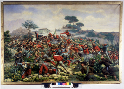 Risorgimento: the battle of Calatafimi in Sicily opposing the troops of Giuseppe Garibaldi (1807-1882), the Thousand has the army of the Kingdom of the two Sicilies, the 15/05/1860 Painting by Remigio Legat. Museo del Risorgimento. Milan