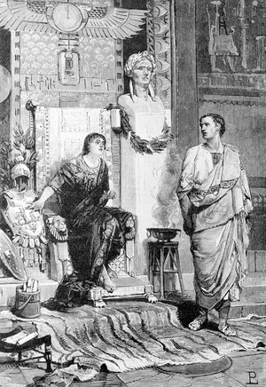 Cleopatra (69 BC - 30 BC), Queen of Egypt and Octave, came to talk with her after the defeat of Actium and the death of Marc Antony. Engraving of the 19th century. Storia d'Italia.